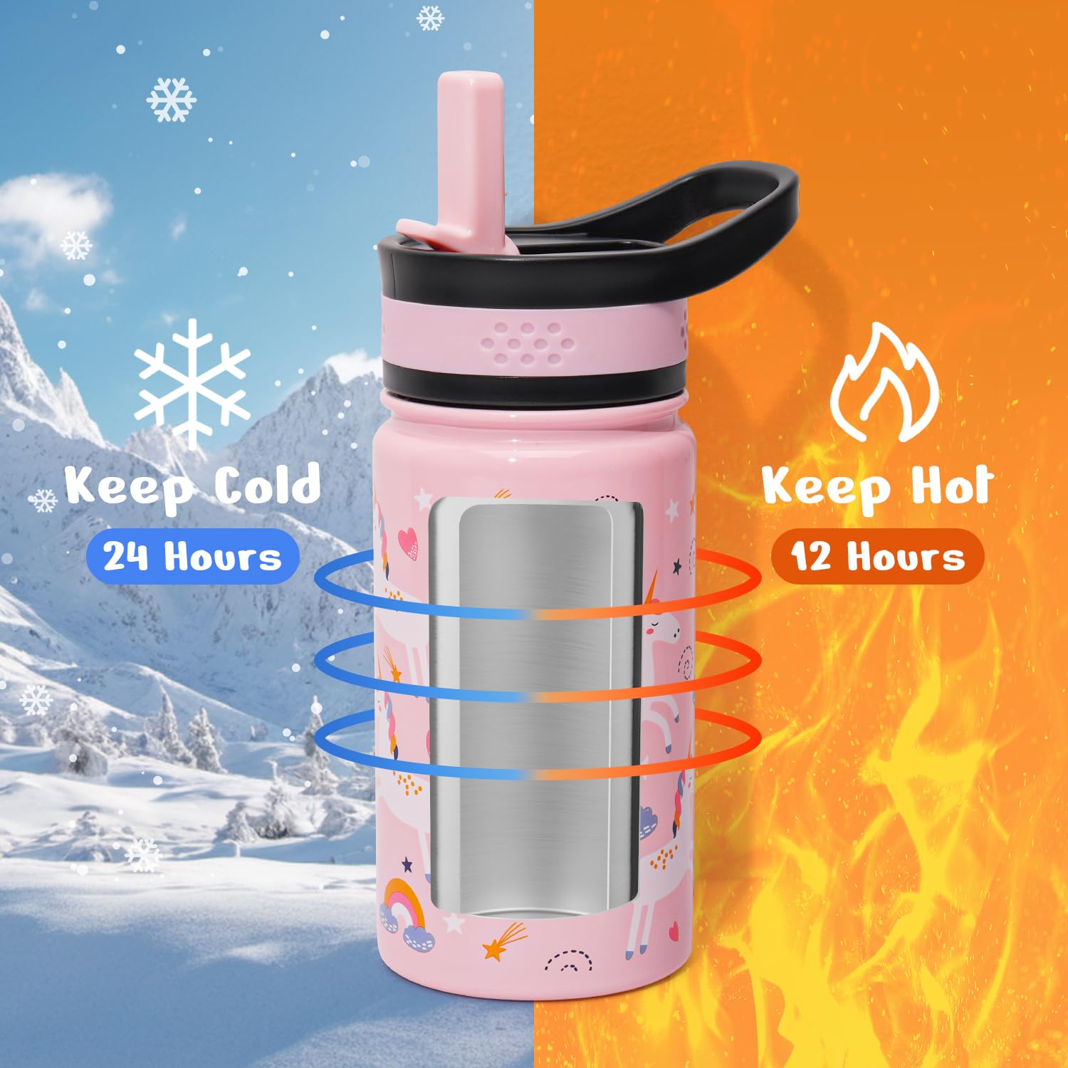 2-Pack Kids Water Bottle, Buzio 14 Oz Toddler Stainless Steel Insulated Water Bottles With Tritan Straw Lid, Leak Proof Bpa-Free